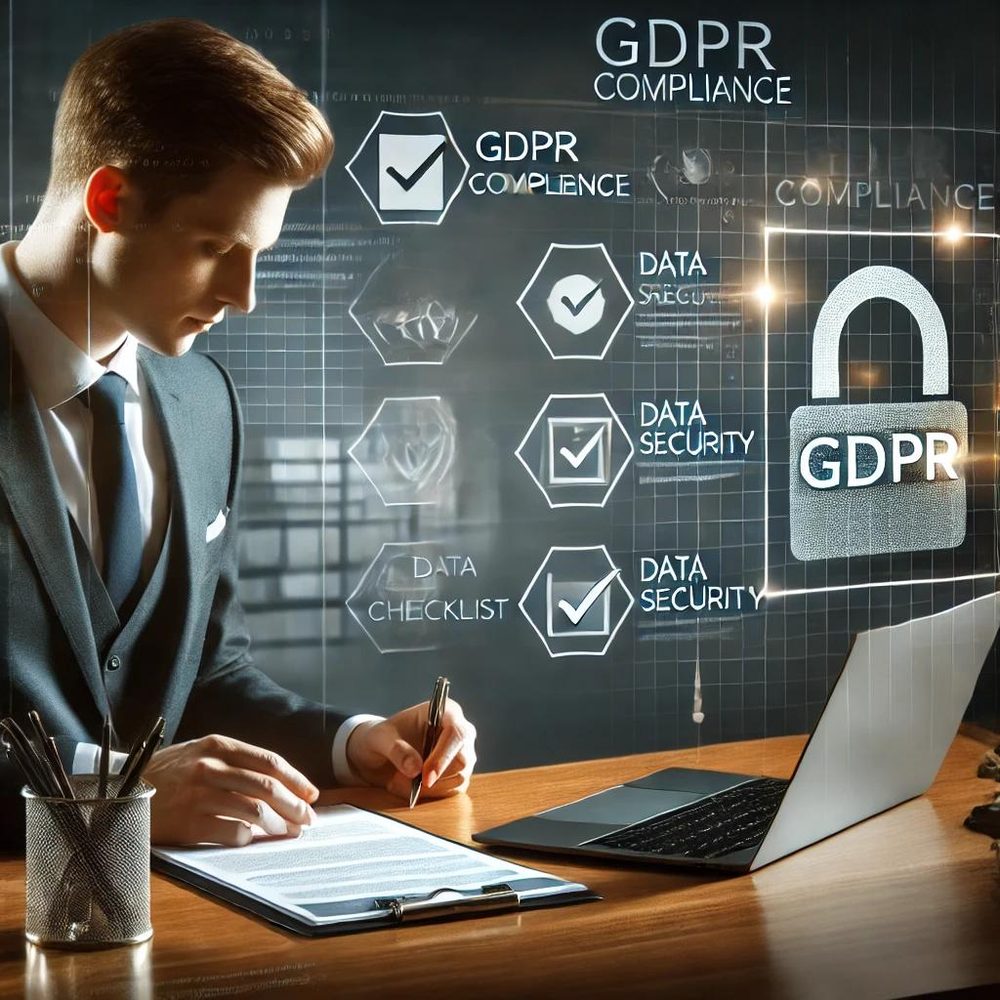 A business owner reviewing GDPR compliance documentation alongside a laptop