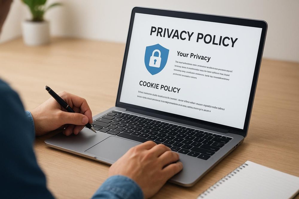 A laptop screen displaying a privacy policy and cookie policy document