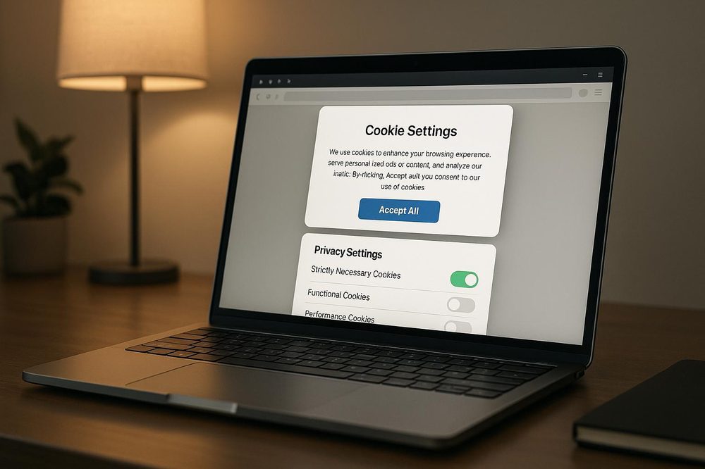A laptop showing a cookie consent banner with privacy settings toggles
